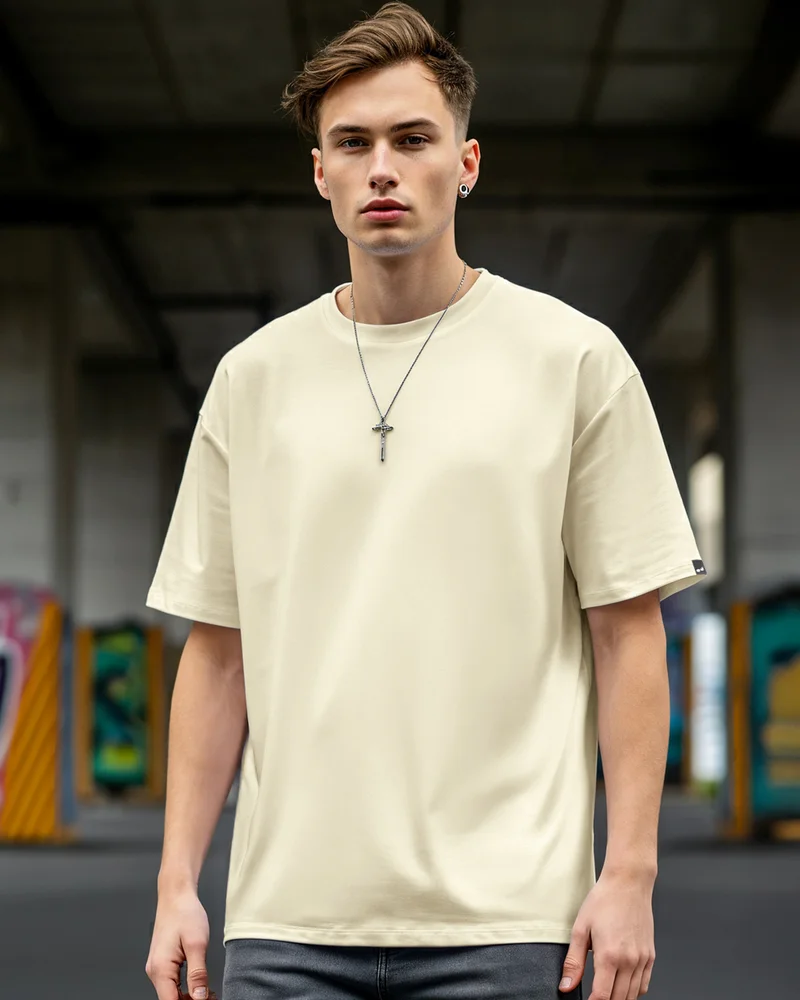 bewakoof Men's Off White Oversized T-shirt